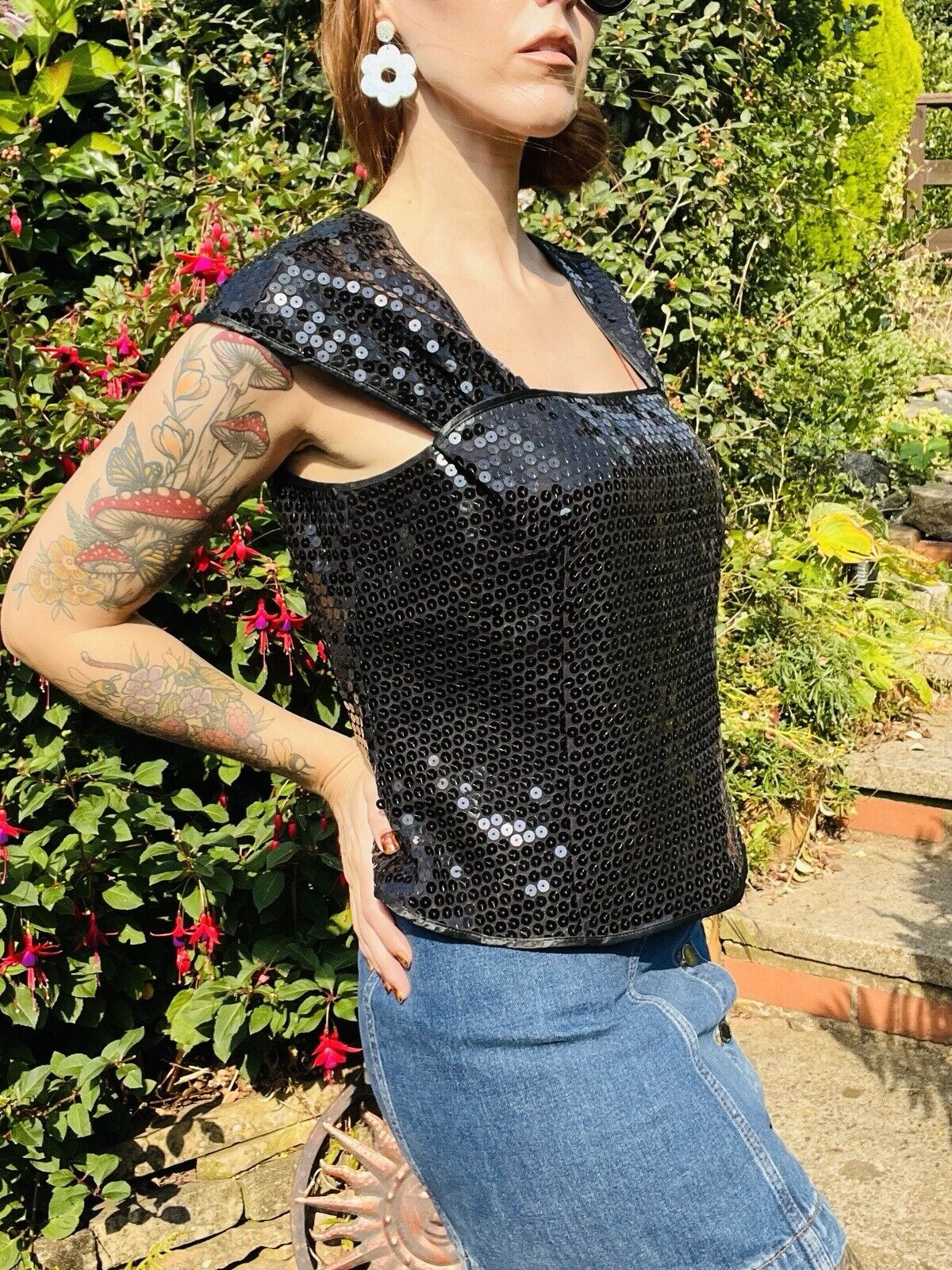 Vintage 80s Black Sequin Top Sparkly Evening Tank Vest Top Sleeveless Cami 16