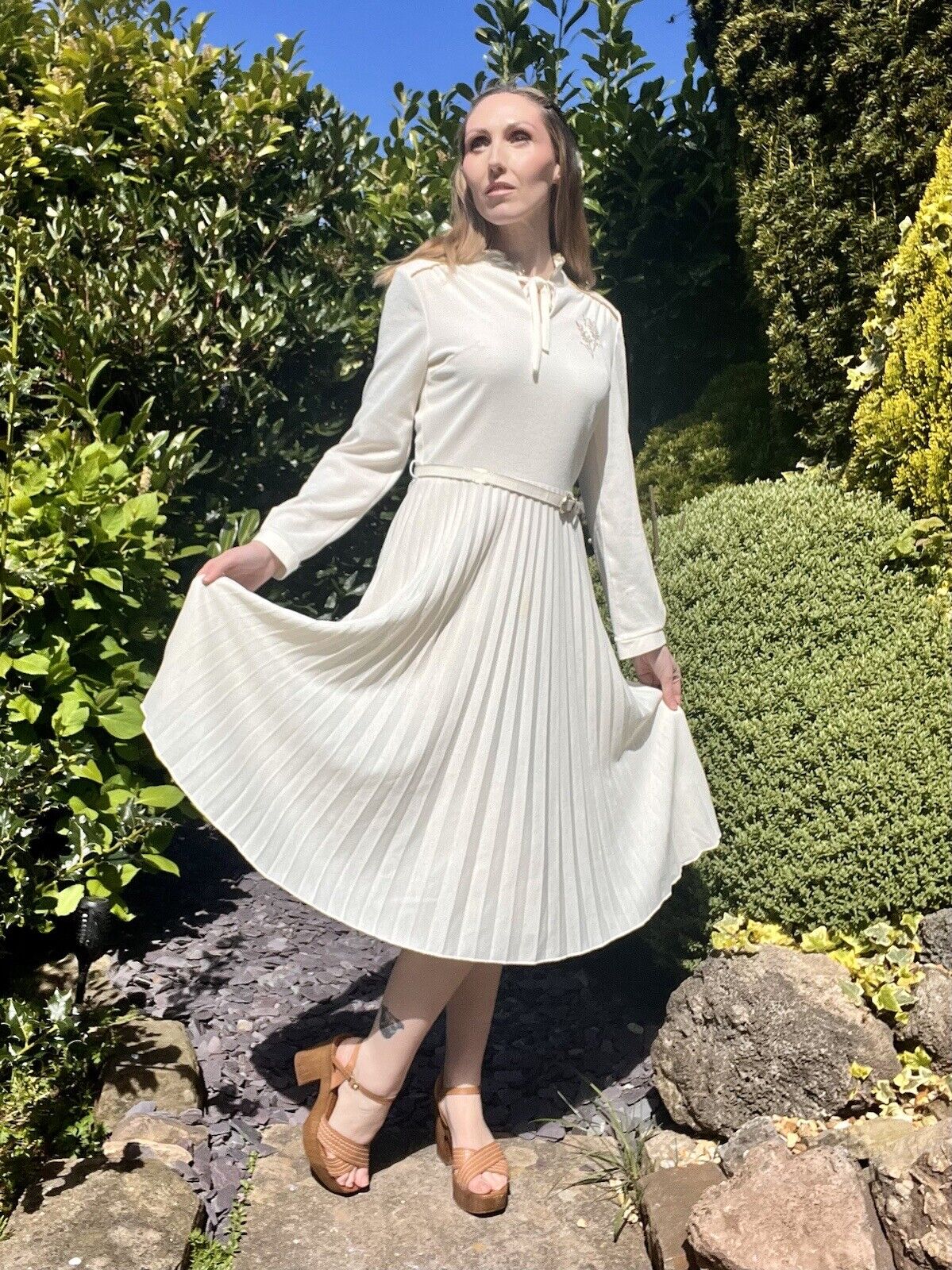 Vintage 60s Midi Dress With Pleated Skirt And Belt Size 10