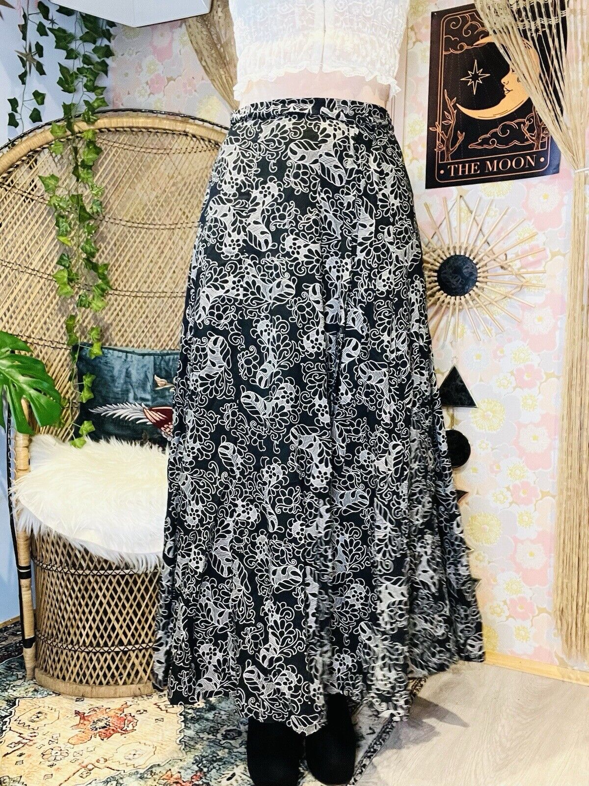 Vintage 90s Whimsigoth Skirt By C&A Long Maxi Floaty Abstract Pattern Size 10