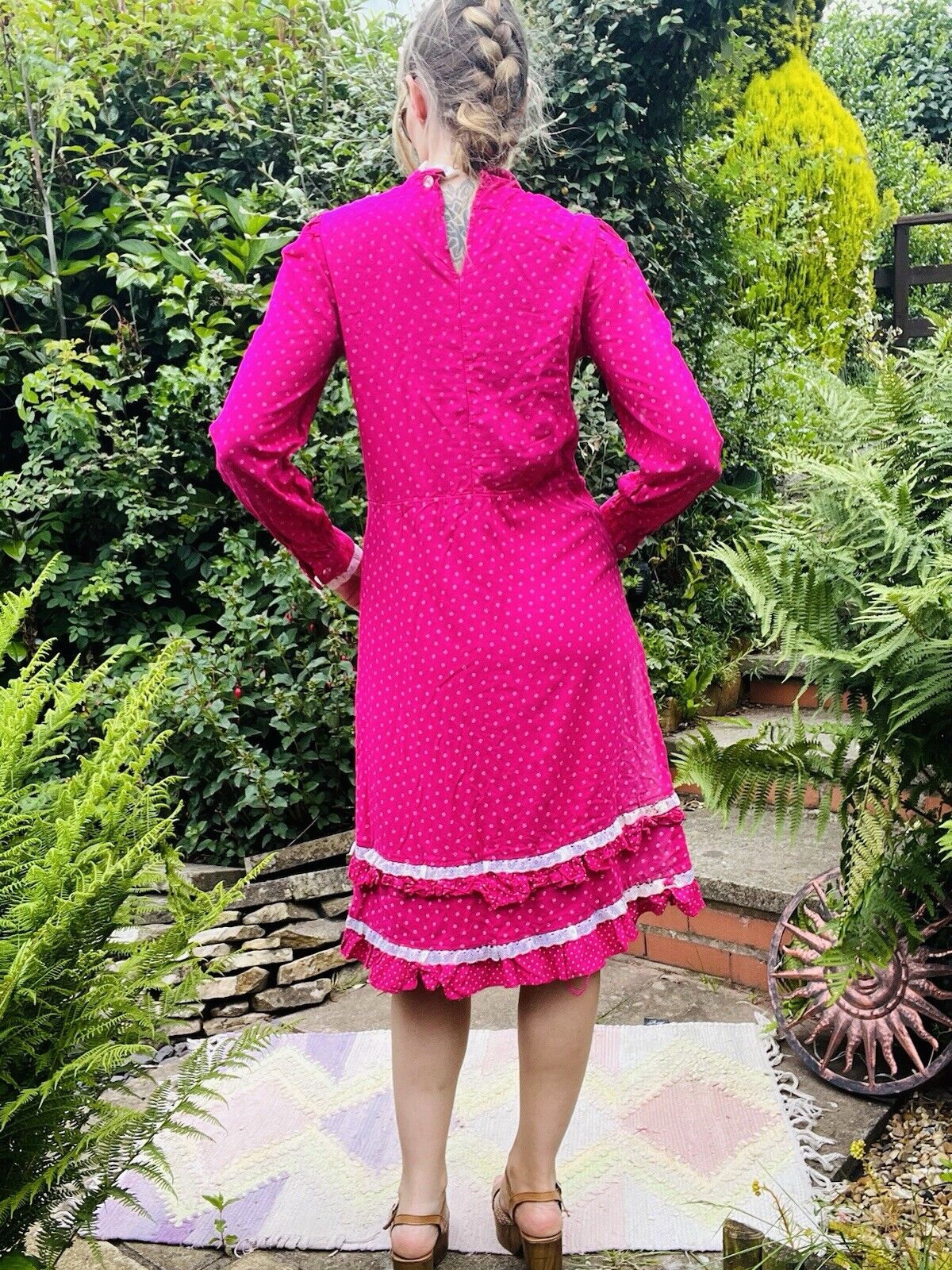 Vintage Pink Midi Dress With High Neck And Long Sleeves And Frilly Hem Size 12