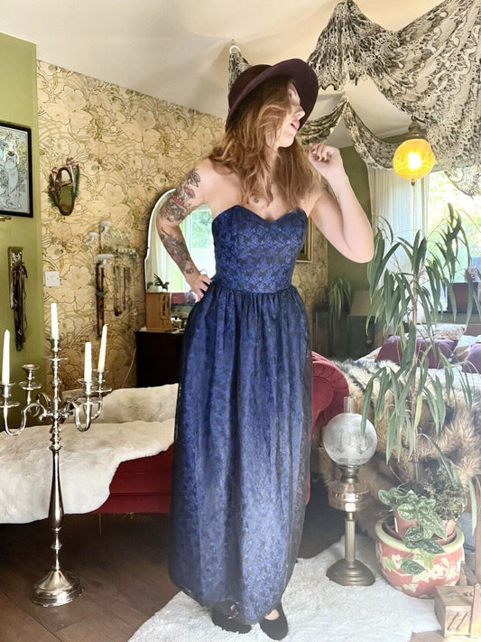 Vintage 90s Lace Maxi Dress By H&M Blue Strapless Corset Style Size 6-8