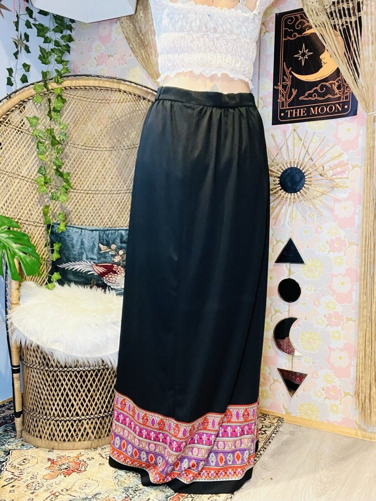 Vintage 70s Maxi Skirt Hippie Both Long High Waist Psychedelic Print Black 14