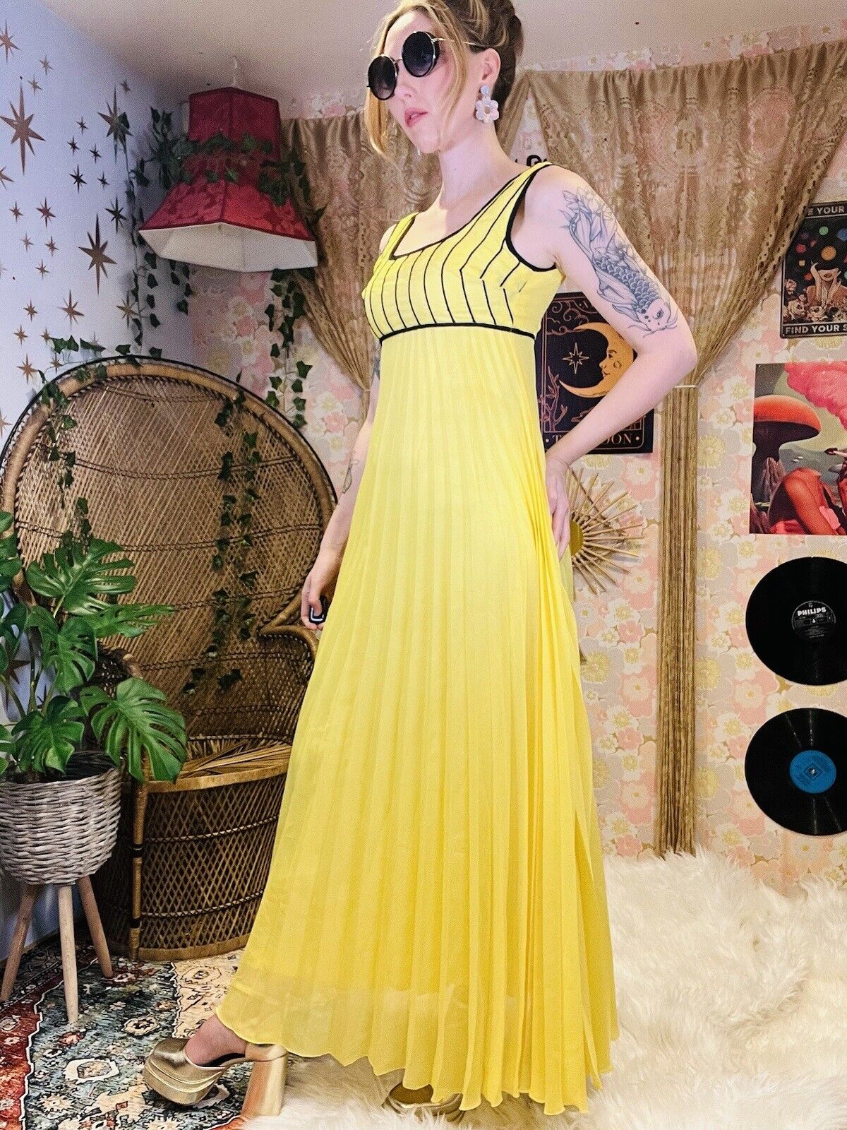 Vintage 60s Maxi Dress Fit And Flare Yellow Pleated Summer Dress Size 8