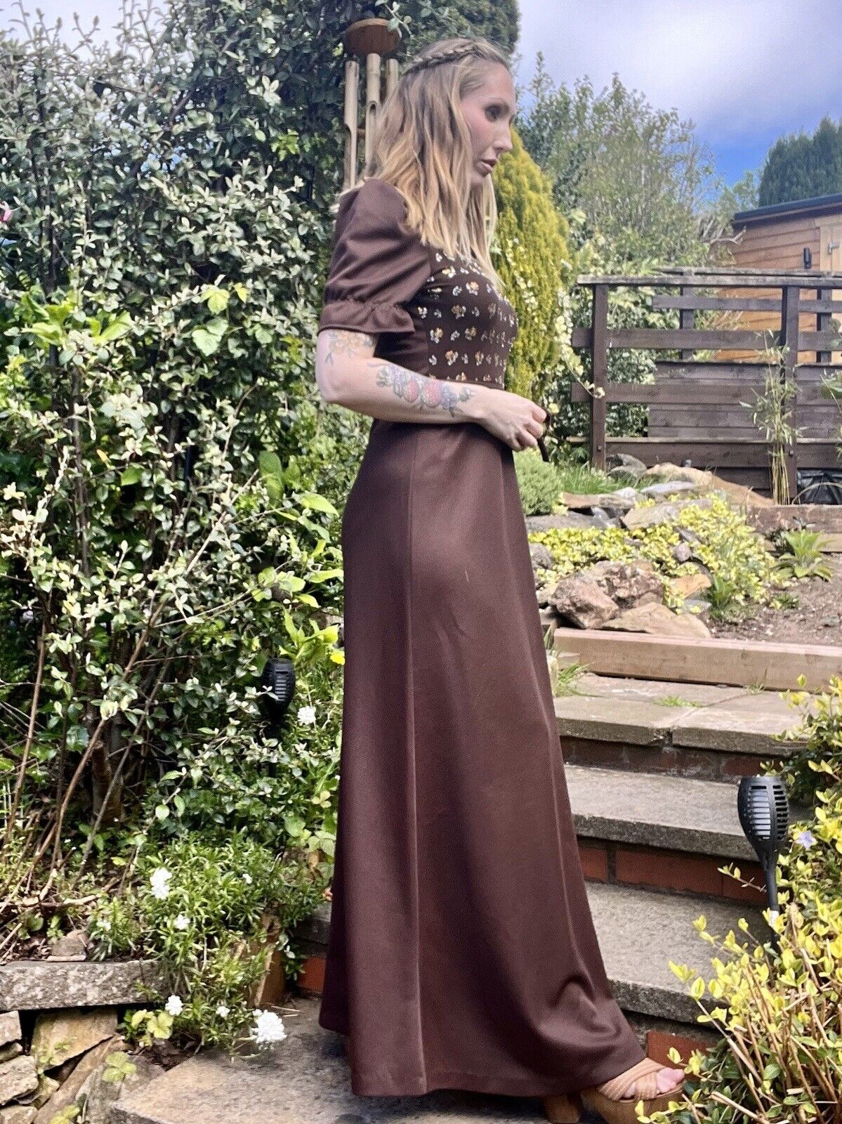 Vintage 60s Maxi Dress With Tie Waist And Gold Detail Size 10