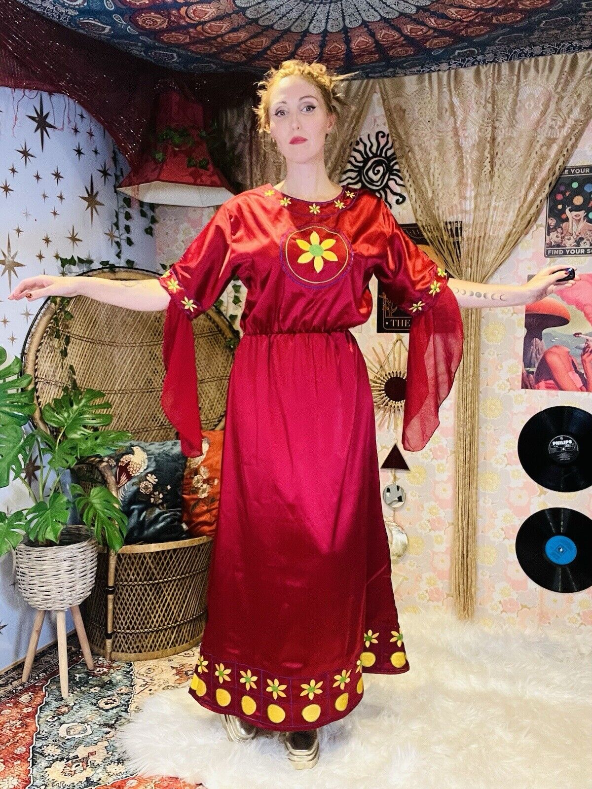 Whimsigoth Cosplay Maxi Dress Medieval Wizard Floaty Sleeves Embroidered Red 10