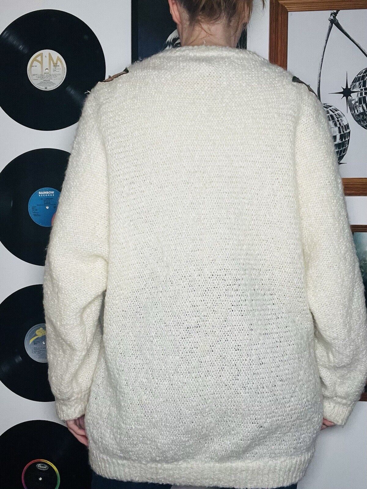 Vintage 80s Retro Cardigan Oversized Baggy Knitted Button Jumper Cream Size L