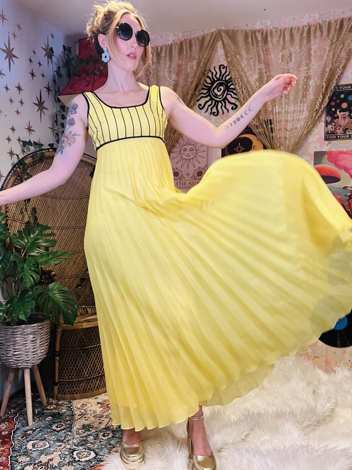 Vintage 60s Maxi Dress Fit And Flare Yellow Pleated Summer Dress Size 8