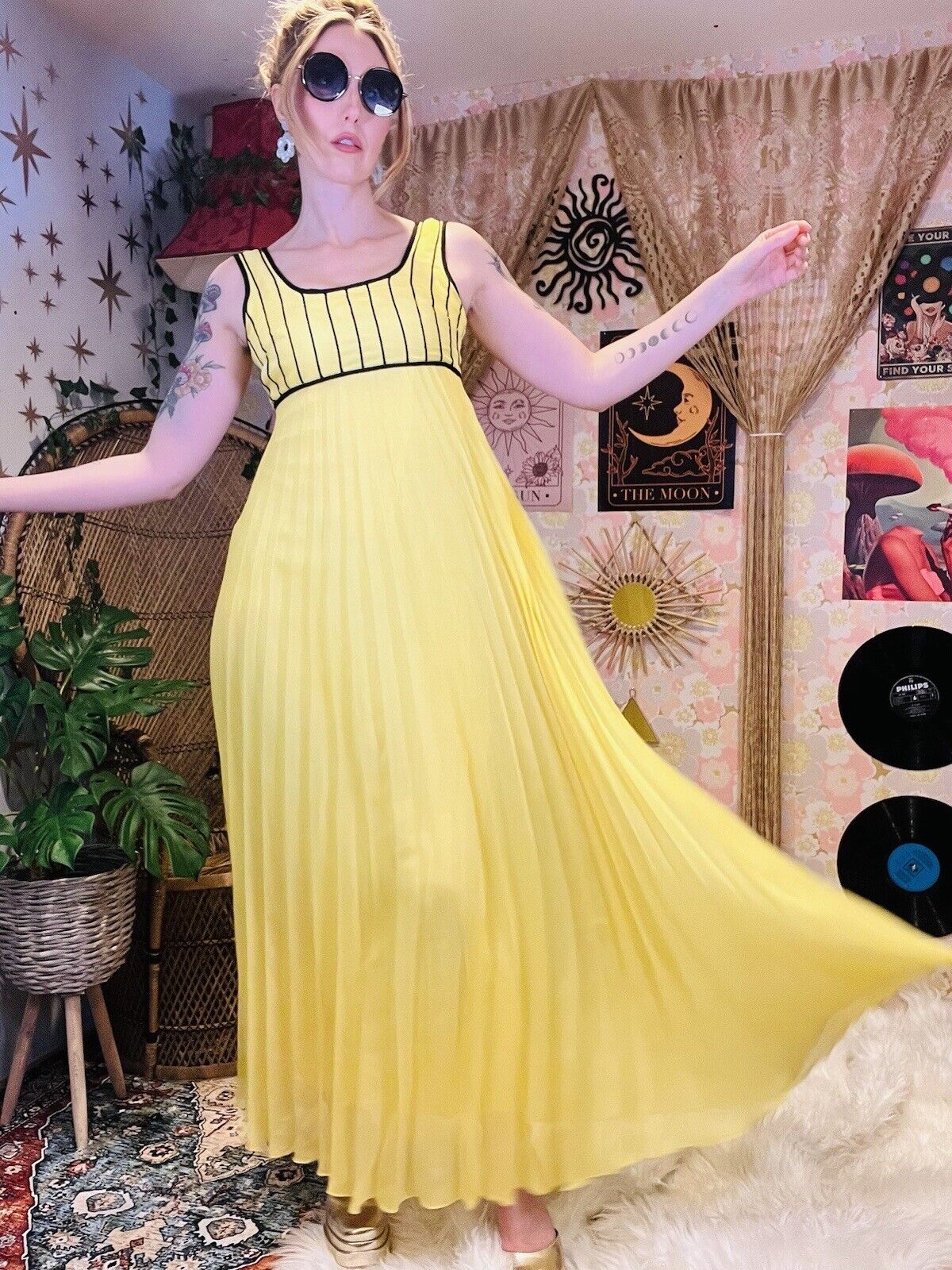 Vintage 60s Maxi Dress Fit And Flare Yellow Pleated Summer Dress Size 8