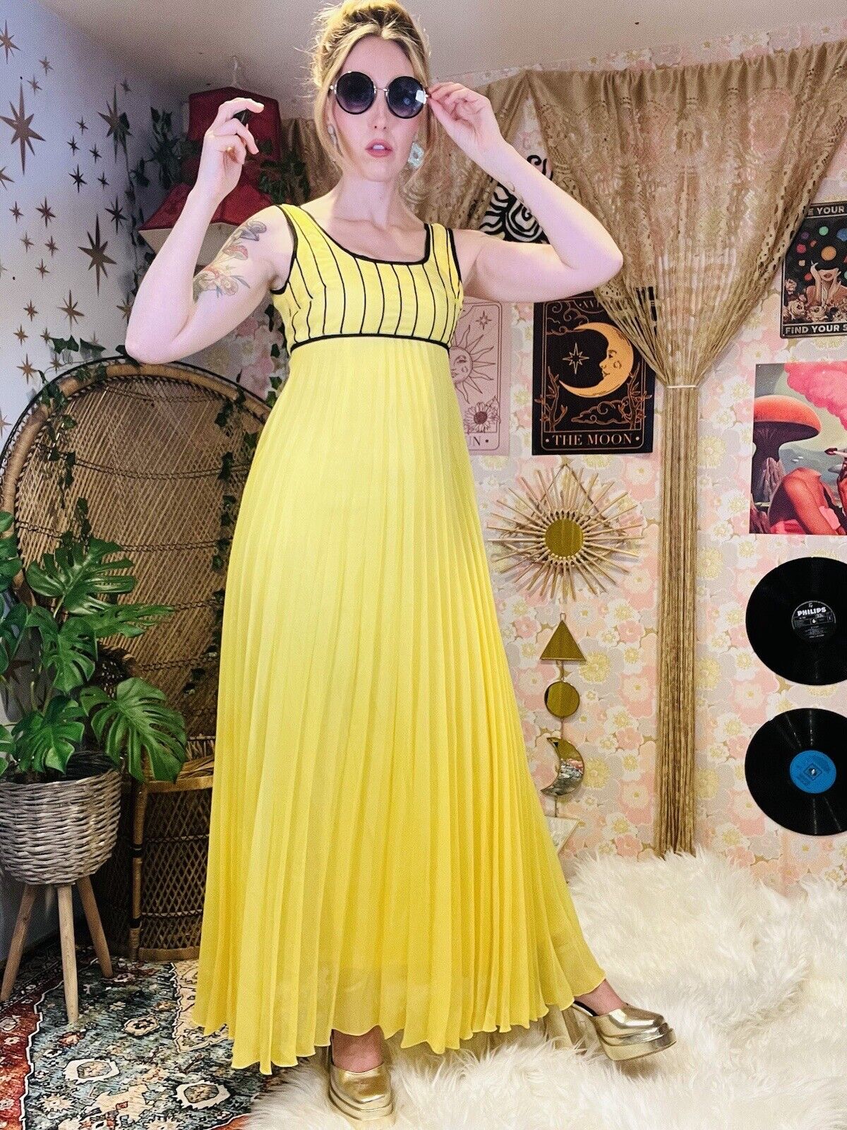 Vintage 60s Maxi Dress Fit And Flare Yellow Pleated Summer Dress Size 8