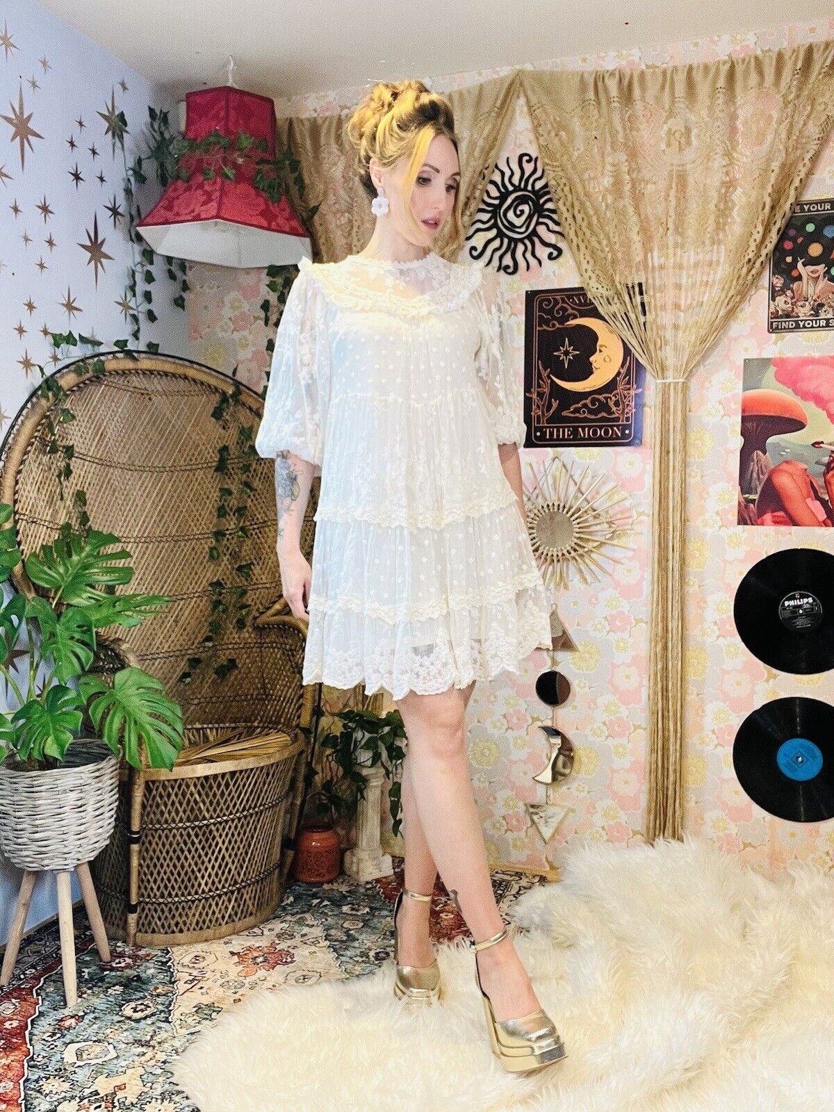 Hippie Boho Summer Dress By Lily McBee Layered Lace Detail Fairycore Size M