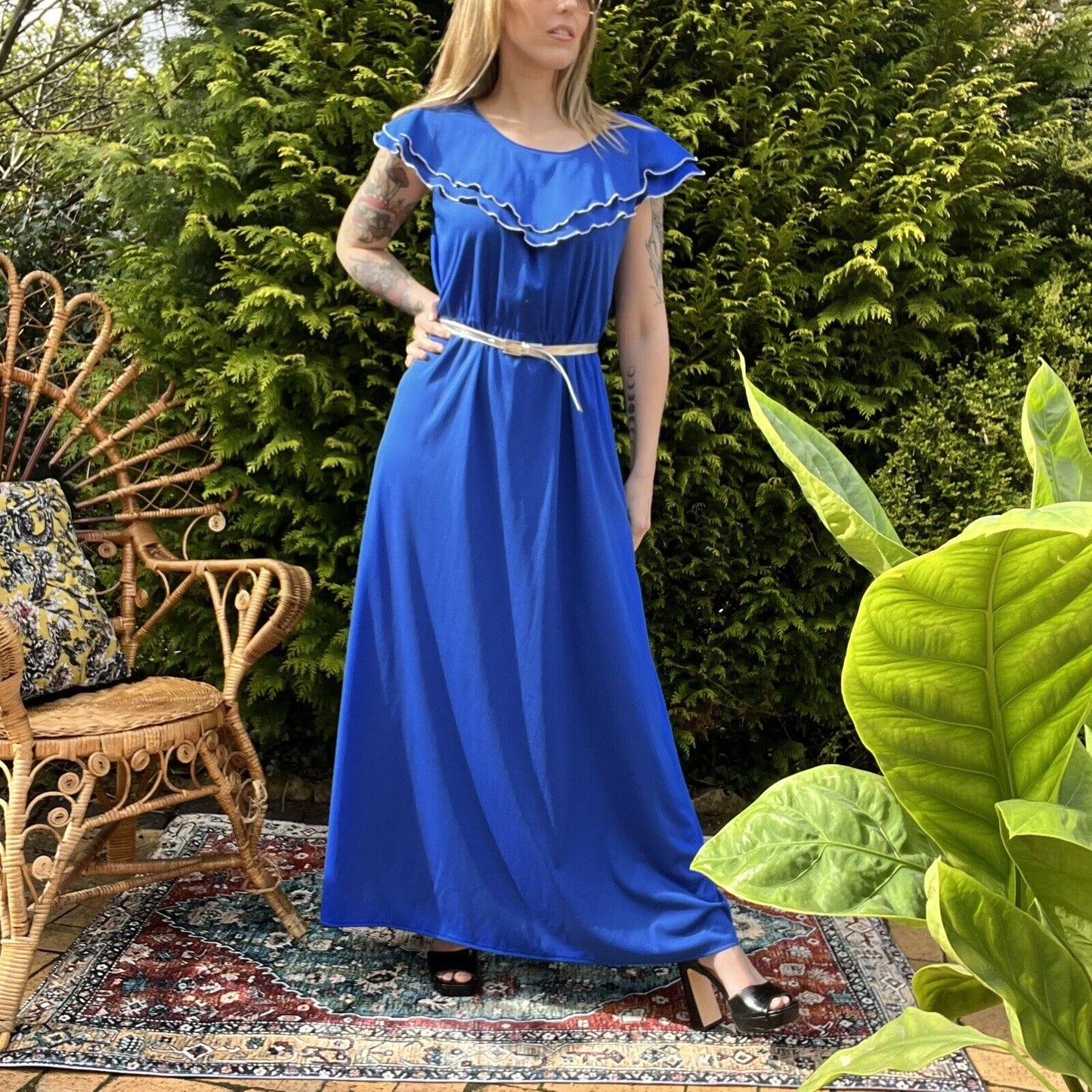 Vintage 70s prairie dress 1970s Long Summer Floaty Maxi Dress Size 12 Blue