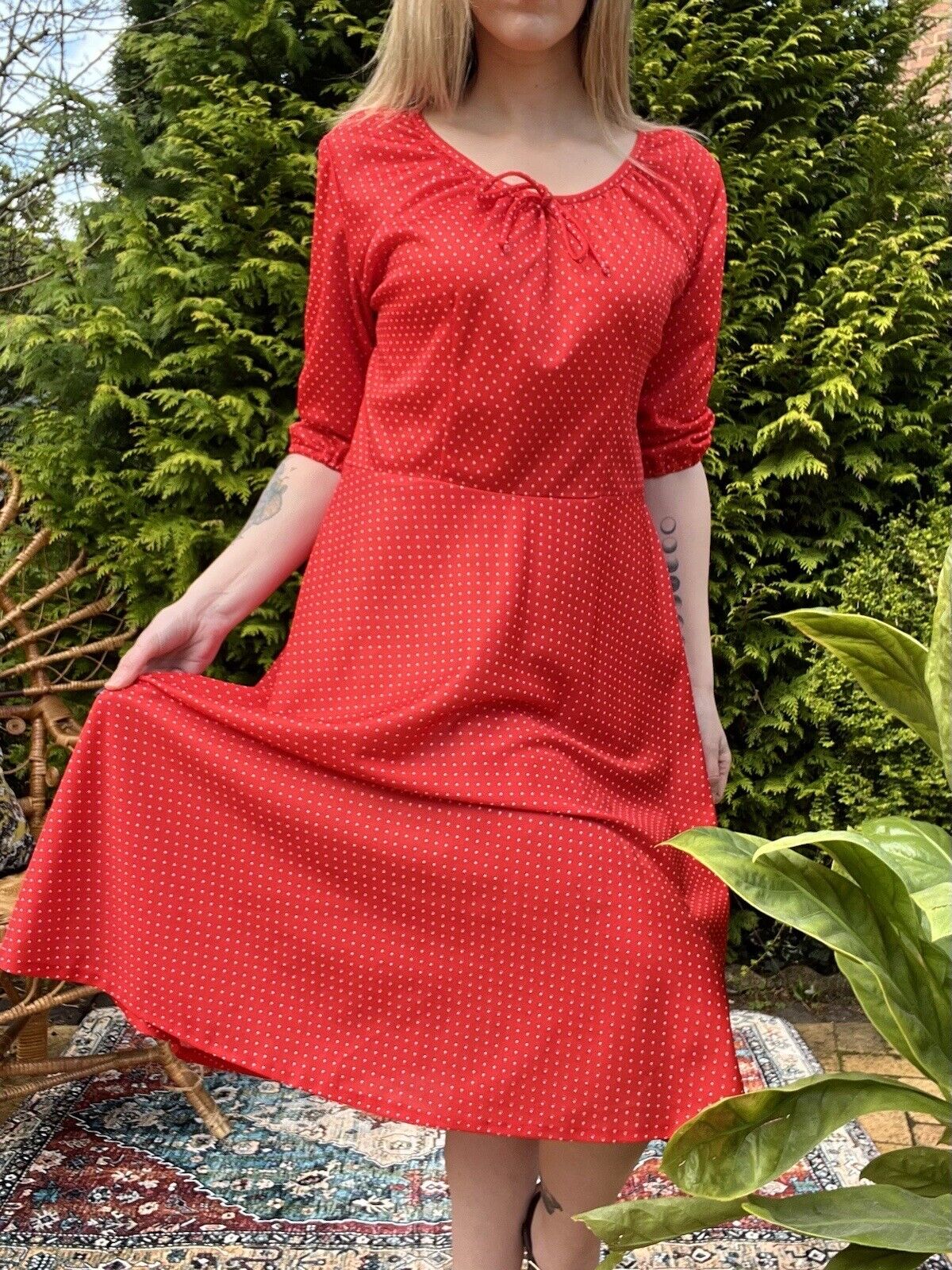 Vintage 80s  Polkadot Dress With 3/4 Sleeves Size 14