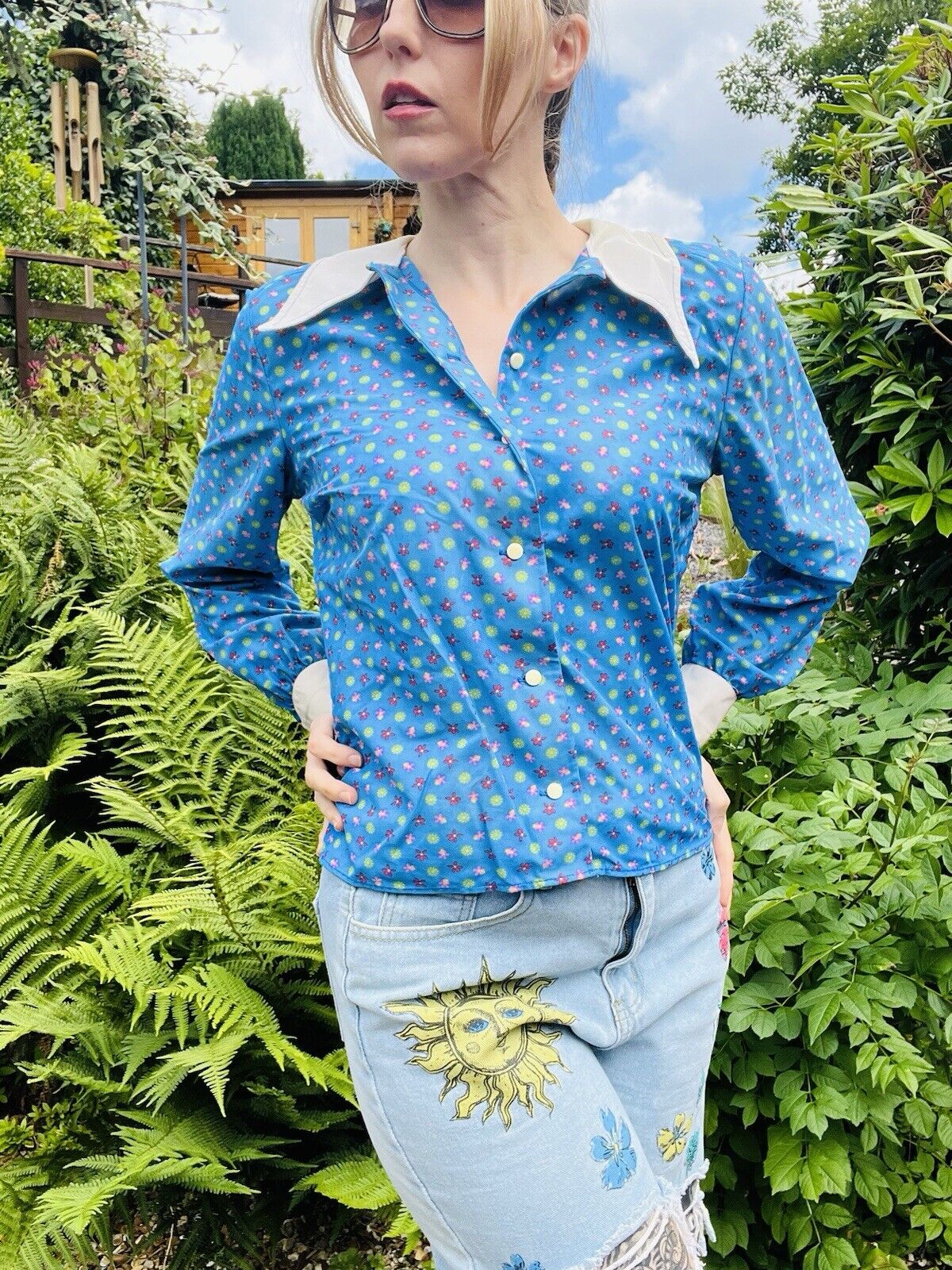 Vintage 60s Blouse With Dagger Collar By Dorothy Perkins With Blue Floral Print