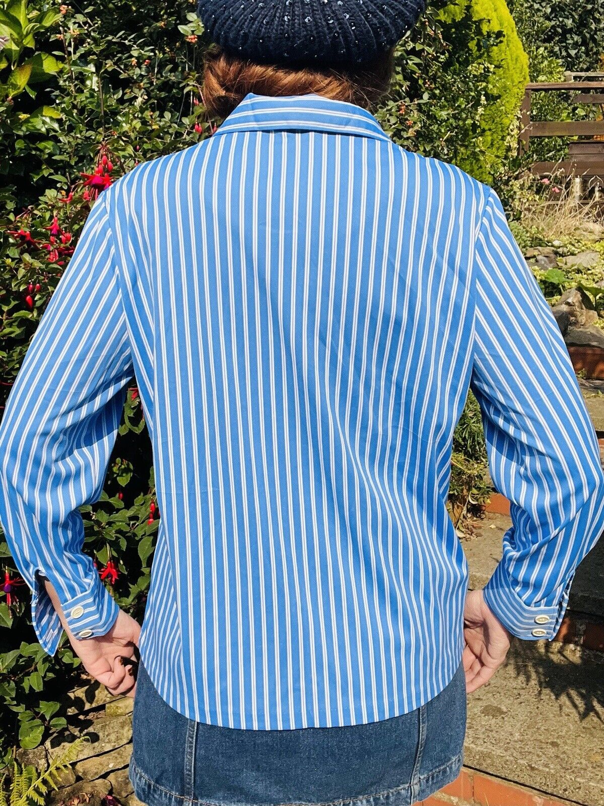 vintage bold striped shirt retro blouse 70s 80s Blue White Size 14-16