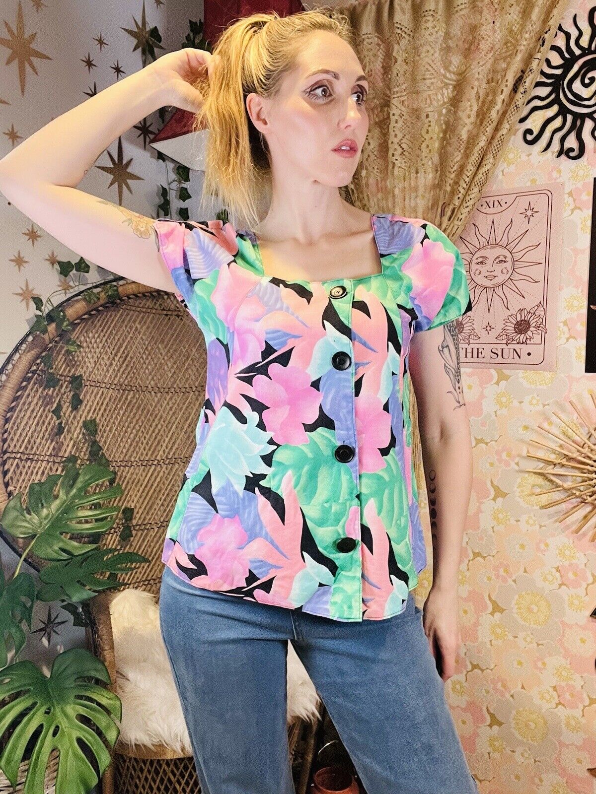 Vintage 80s Blouse Top With Bold Floral Summer Print And Asymmetric Button  12