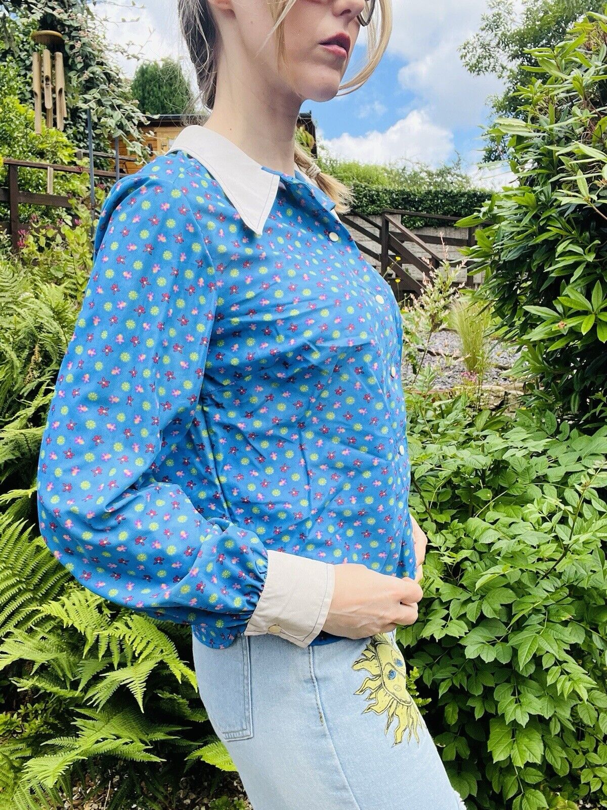 Vintage 60s Blouse With Dagger Collar By Dorothy Perkins With Blue Floral Print