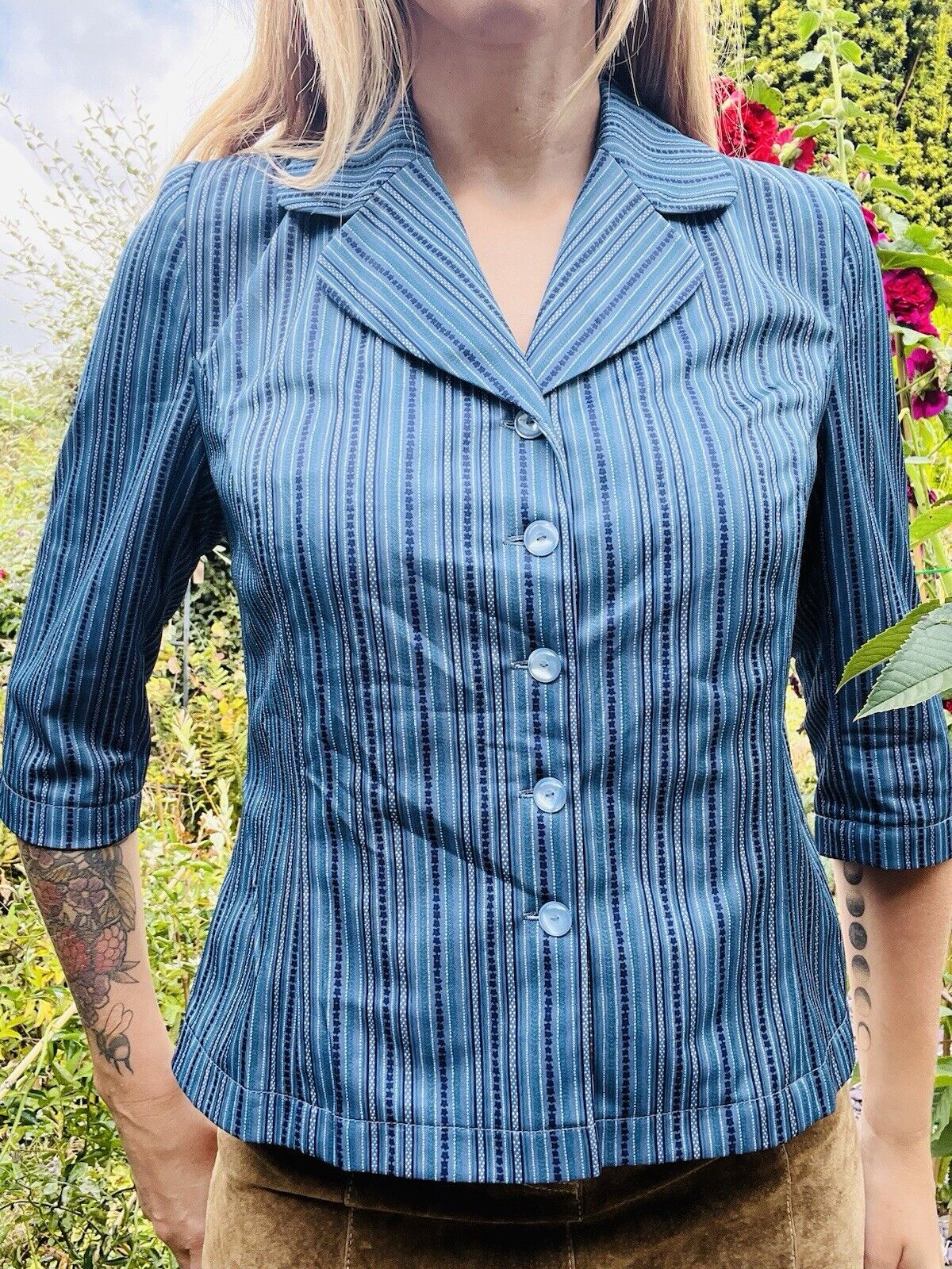 Vintage 60s Striped Blouse 3/4 Sleeve Shirt With Collar Blue Size 10-12